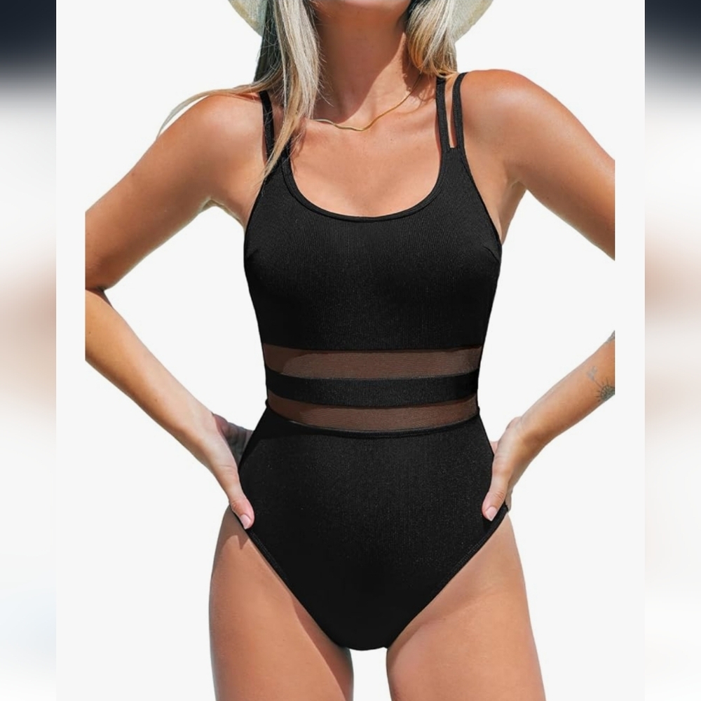 CUPSHE | Women's Black Ribbed Mesh Waist Scoop Neck One Piece Swimsuit